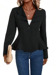 SHEIN Clasi 女士优雅双层领口收腰修身西装外套 - 黑色 - 查看 3