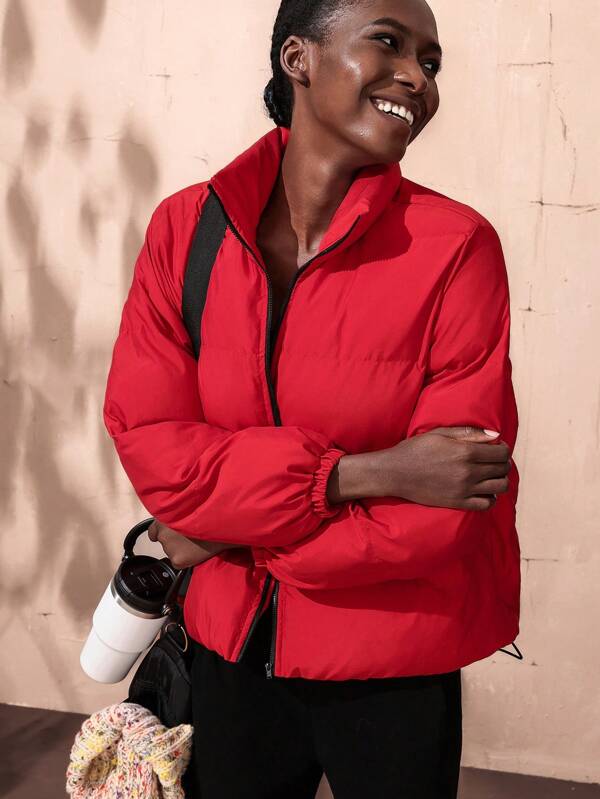 VARSITIE Contrast Zipper Turtleneck Red Women Winter Coats