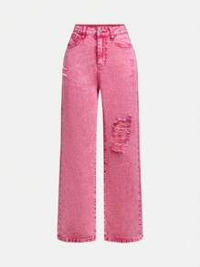 SHEIN Teen Girls' Fashionable Casual Ripped Side Pocket Loose Wide Leg Jeans - Pink - View 1