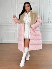 Flirla 连帽长款羽绒服，休闲保暖优雅，适合冬装，粉色 - 粉色 - 查看 6
