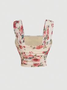 SHEIN MOD Áo kiểu nữ cổ vuông, in hoa màu xanh trắng, dáng ôm, xếp ly, thanh lịch, thích hợp cho mùa thu, thời trang, áo kiểu thời Phục Hưng, hội chợ thời Phục Hưng. - Màu Hoa hồng đỏ - Xem 2