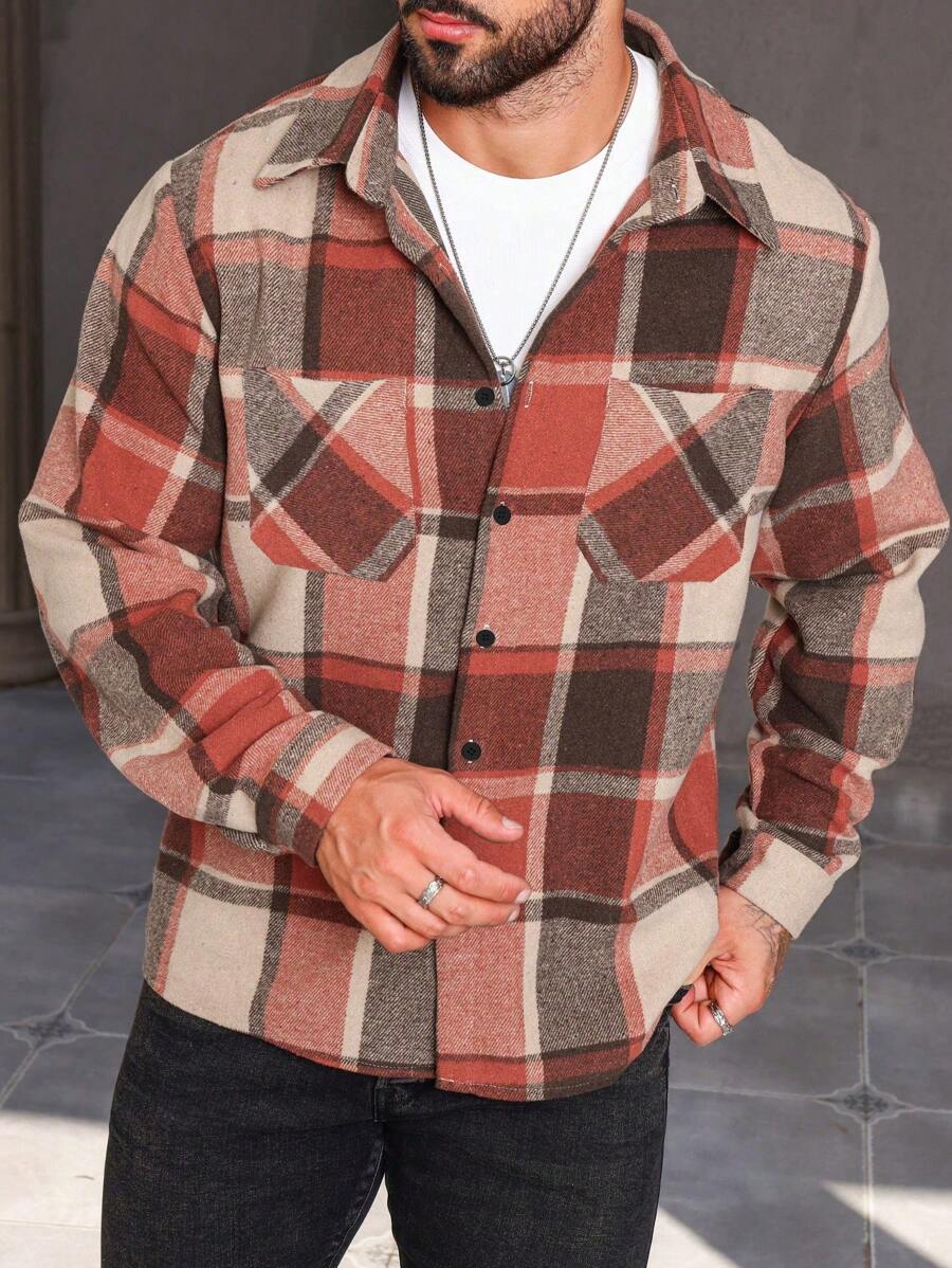 Manfinity Homme Herren Große Größen Kariertes Langarm-Lässig-Hemd-Jacke mit Einreiher, Herbst/Winter - Verschiedenfarbig - Übersicht 1