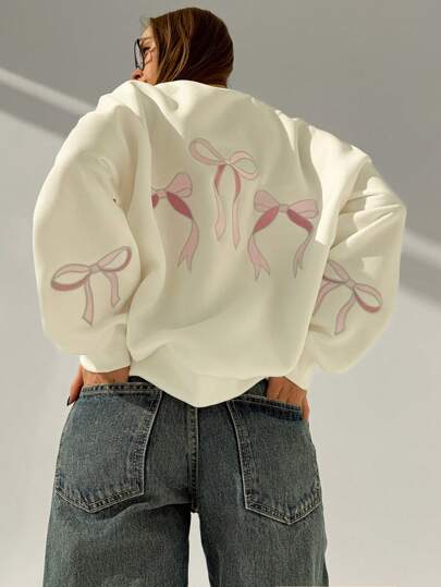 Aloruh 秋冬季女士超大白色蝴蝶结刺绣浪漫温暖内衬运动衫