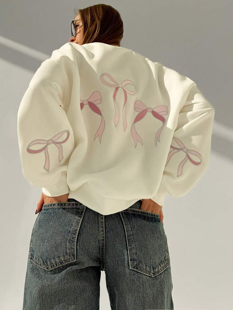 Aloruh 秋冬季女士超大白色蝴蝶结刺绣浪漫温暖内衬运动衫