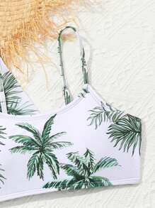 SHEIN 4pcs/Set Tween Girls Swimwear Set With Tropical Plant Print Cover-Up And Ruffle Skirt - Army Green - View 3