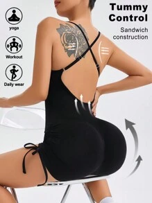 Easithlete Damski jednokolorowy kombinezon z ramiączkami typu spaghetti, dopasowany krój, swobodny, codzienny ubiór - Czarne - Zobacz 1