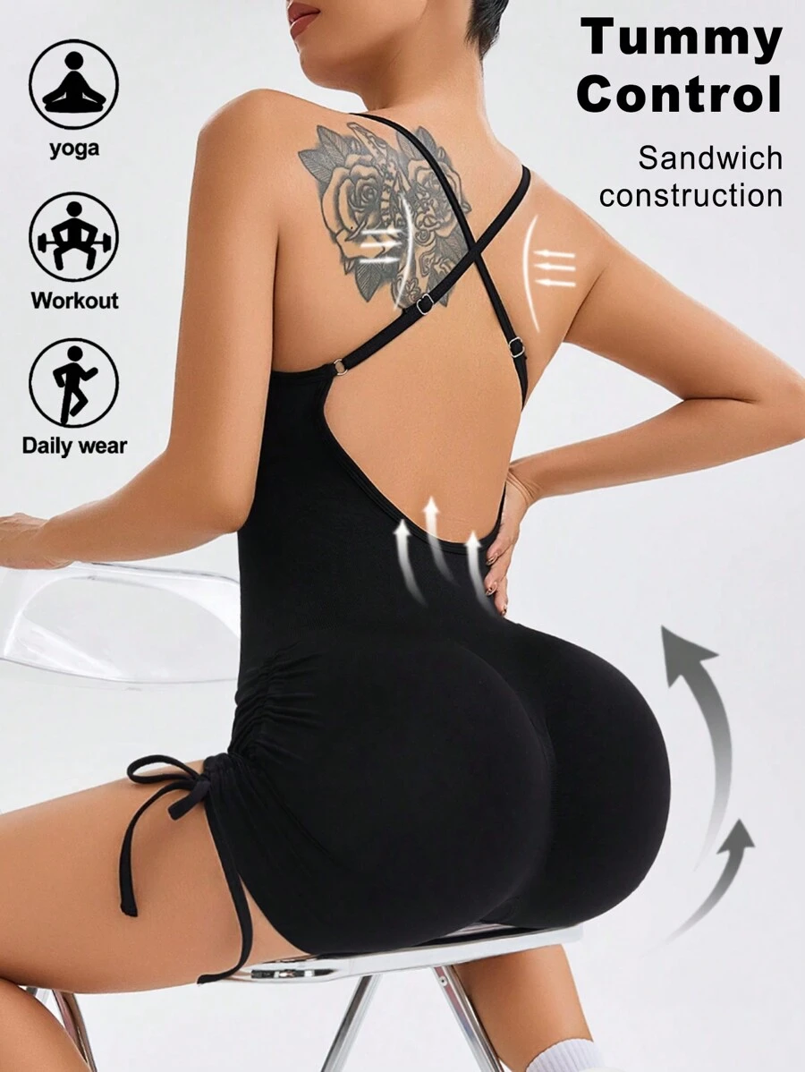 Easithlete Damski jednokolorowy kombinezon z ramiączkami typu spaghetti, dopasowany krój, swobodny, codzienny ubiór - Czarne - Zobacz 1