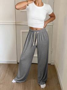 DAZY Simple Cut-Off Fitted Top And Loose Straight Leg Pants Pajama Set - Grey - View 6