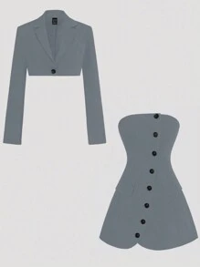 SHEIN Unity Casual Crop Top Design Blazer Suit, Autumn/Winter - Light Grey - View 4