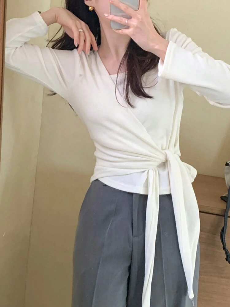 2pcs/Set Women Solid Color Fitted Camisole & Long Sleeve T-Shirt Layered Top, White, Spring/Summer,Fall Clothes