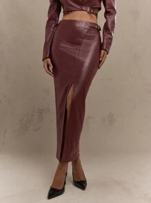 MISSGUIDED PU Front Slit Bodycon Maxi Skirt Christmas - Burgundy - View 1
