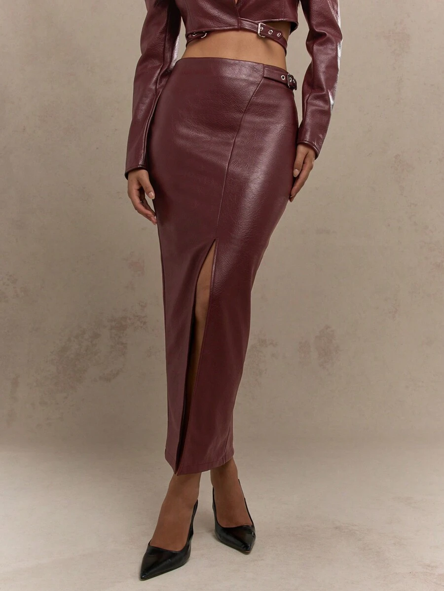 MISSGUIDED PU Front Slit Bodycon Maxi Skirt Christmas - Burgundy - View 1