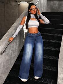 SHEIN ICON سراويل جينز عادية واسعة الساق بخصر عالي مع تصميم إبزيم مثقوب مرتخية للنساء