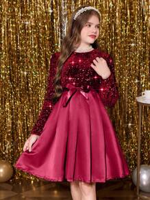 SHEIN Váy xếp nếp vải tuyn sequin sáng bóng cho bé gái tuổi mới lớn, màu đỏ, phù hợp cho dịp Giáng sinh - Đỏ - Xem 5