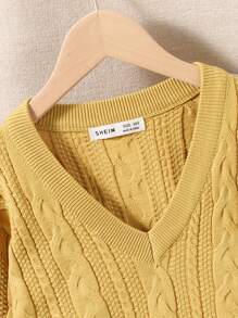 SHEIN Tween Girls V-Neck Solid Color Long Sleeve Casual Knit Sweater, Autumn/Winter