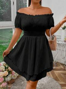 Sunnyshic 大码女式纯色露肩褶皱腰泡泡袖分层下摆连衣裙度假海滩装