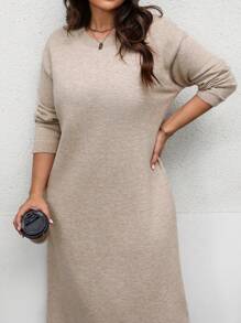 SHEIN LUNE Sukienka sweterkowa damska w jednolitym kolorze, z okrągłym dekoltem i długimi rękawami, w rozmiarze plus size, jesień/zima