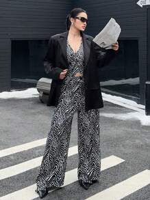 Flirla 大码三件套：长袖翻领背心和直筒裤，通勤风格，深灰色 - 彩色 - 查看 6