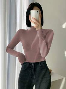 DAZY 女士高领纯色修身长袖保暖T恤，冬季款 - 粉色 - 查看 4