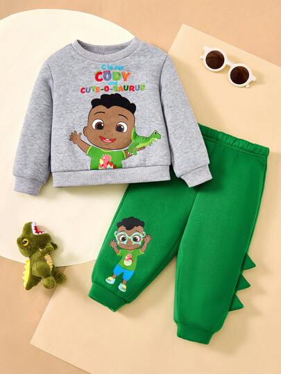 CoComelon X SHEIN 2 件套男婴卡通可爱恐龙印花撞色针织圆领羊毛运动衫和运动裤套装