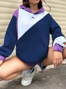 SHEIN Unity Sudadera con capucha casual sencilla de mujer con estampado de letras, manga larga y parches de unicolor