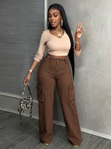 Slaydiva Quần jeans ống đứng cạp vừa, đơn sắc, túi cài nút phía trước, viền thô, thường ngày cho nữ - màu nâu - Xem 6