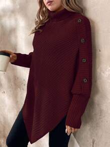 SHEIN LUNE Suéter casual de cuello alto de unicolor de manga larga con botones, suéter de punto de invierno de otoño en talla grande