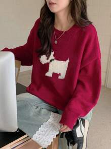 DAZY Women Loose Fit Round Neck Dog Pattern Knit Sweater,Fall Clothes Christmas,New Year