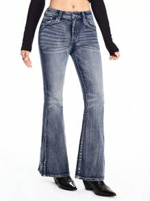 ROMWE Hippie Women's Cowgirl Embroidered Bohemian Style Denim Low Waist Jeans,Country