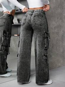 SHEIN ICON 女士休闲百搭水洗直筒牛仔裤 - 深灰色 - 查看 2