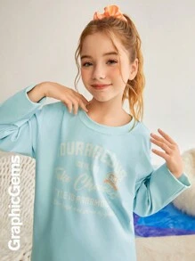 Tween Girls' Casual Letter Print Round Neck Drop Shoulder T-Shirt, Autumn - Blue - View 1