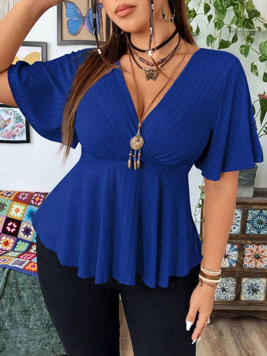 Sunspun Plus Size Women Solid Color Casual V-Neck Ruffle Sleeve Short Hem T-Shirt Plain Plus Size Blousesroyal Blue Toproyal Blue Blouseblue Top Womenblouse Curvy