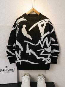 SHEIN Leap Crew Tween Boy Vintage Graffiti Textured Crew Neck Sweater, Suitable For Winter, Travel, And School - Black and White - View 1