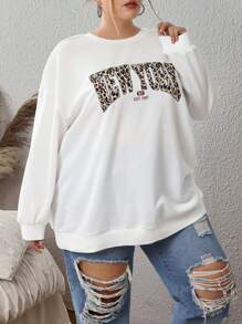 SHEIN CURVE+ 大码女式休闲宽松豹纹印花“纽约”字母图案套头羊毛运动衫，秋冬 - 白色 - 查看 7