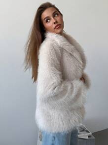 Aloruh Elegant Mid-Length Faux Fur Collar Front Open Cardigan Outerwear, Versatile For Skiing & Vacation - Beige - View 4