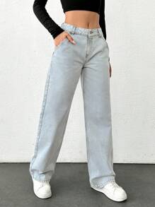 Cottnline HIGH WAIST WIDE LEG SLANT POCKET DETAIL Y2K STYLE JEAN - Light Wash - View 5