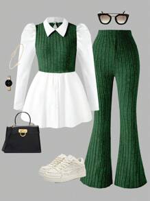 2pcs/Set Teen Girl Ribbed Shirt And Ribbed Elastic Waist Flared Pants Outfit - Green - View 1