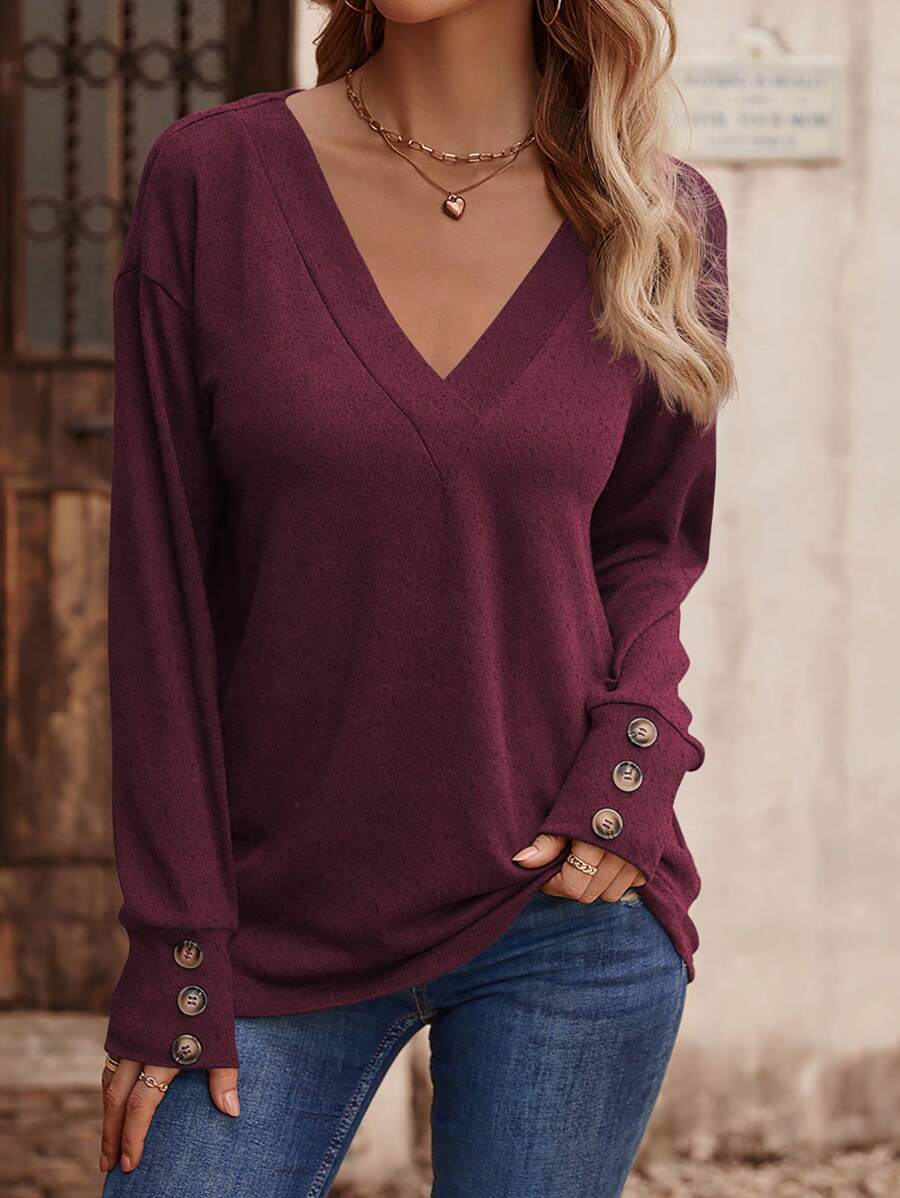 SHEIN LUNE Áo cánh thường ngày cổ chữ V tay dài cài nút cho nữ, mặc hàng ngày - Màu đỏ tím - Xem 1
