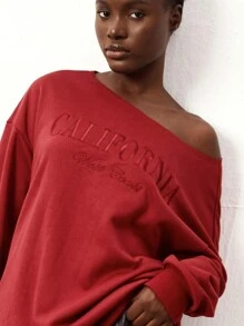 Flirla 1pc Women Asymmetrical Letter Embroidered Shoulder Sweatshirt, Simple Red Pullover Long Sleeve Tops For Autumn/Winter