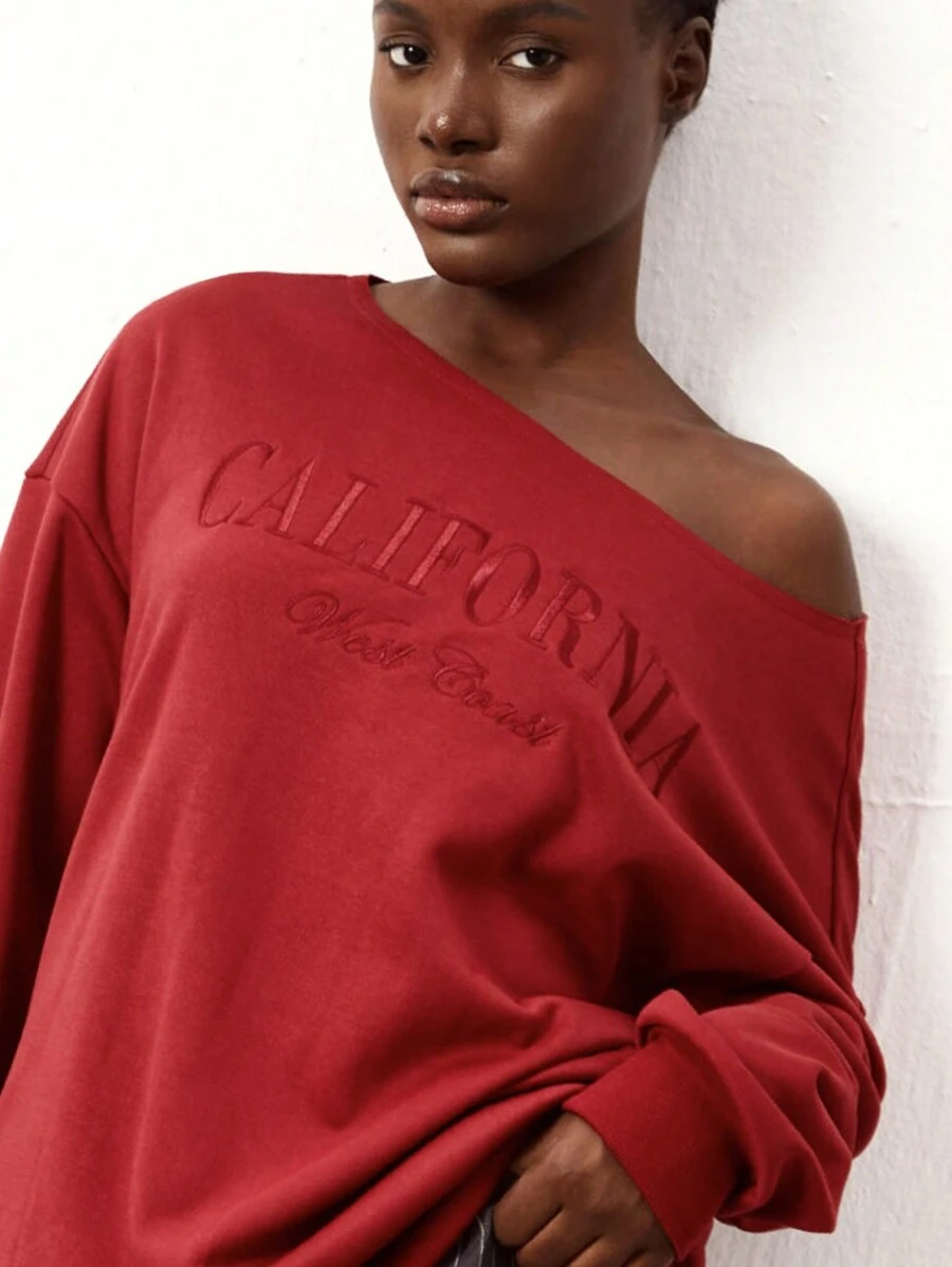Flirla 1pc Women Asymmetrical Letter Embroidered Shoulder Sweatshirt, Simple Red Pullover Long Sleeve Tops For Autumn/Winter
