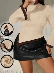 SHEIN Clasi Plus Size Contrast Color Trim Asymmetrical Hem Elegant Long Sleeve Pullover Sweater, For Winter Knit Pullover Fall - Apricot - View 1