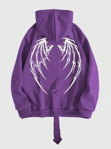 ROMWE MEN Street Life Men Letter Print Pocket Hoodie Zip-Up Sweatshirt With Horns - Purple - View 2