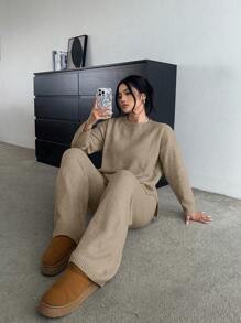 Flirla 大码柔软蓬松修身百搭休闲阔腿裤和长袖针织套装，适合冬季 - 駝色 - 查看 1