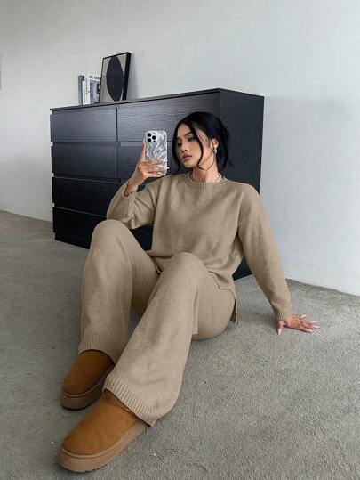 Flirla Plus Size Soft & Fluffy Slimming Versatile Casual Wide Leg Pants & Long Sleeve Knit Set, For Winter Fall Cloth For Women Autumn