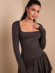 SHEIN BAE Women's Casual Simple Versatile Ruffle Hem Fitted Mini Dress, Autumn/Winter - Brown - View 7