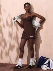 VARSITIE Basic Sling Slim Fit Mini Slit Women Active Dresses - Brown - View 5