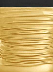 SHEIN EZwear 大码女式高弹力 PU 材质褶皱腰抹胸上衣 - 金色 - 查看 4