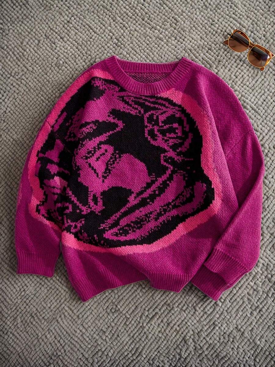 Forever 21 Men's Relaxed Knitted Crew Neck Jumper In Purple With Cartoon Pattern Fall/Winter - Purple - View 1