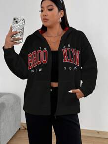 Flirla Plus Size Women Letter Printed Long Sleeve Zip Up Casual Sweatshirt, Autumn Graduation, Back To School Outfits, Graduation, Teacher Outfits For Women, Back To School - Black - View 5