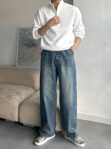 DAZY Men's Solid Zip-Up Half Placket Long Sleeve Loose Casual Sweatshirt Fall,Winter Quarter Zip Men - White - View 6